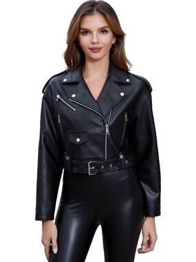 Women Dark Faux Leather Cropped Zipper Belted Asymmetric Slim Moto Biker Jacket